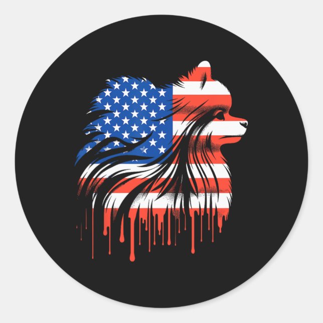 Paint Drip Pomeranian American Usa Flag 4th Of Jul Classic Round Sticker (Front)