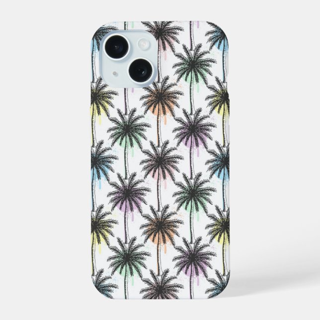 Paint Drop Palm Tree Pattern iPhone 15 Case (Back)