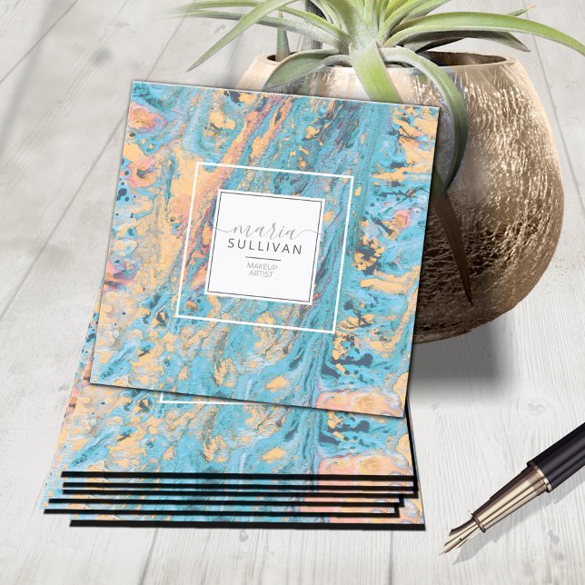 Paint Flow Abstract Texture Teal/Yellow ID796 Square Business Card (Creator Uploaded)