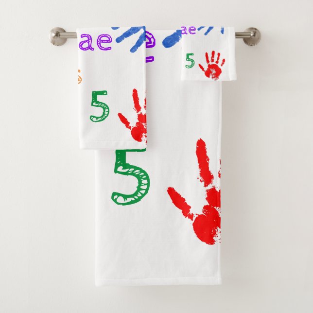 Paint Handprints Birthday with Personalised Name   Bath Towel Set (Insitu)
