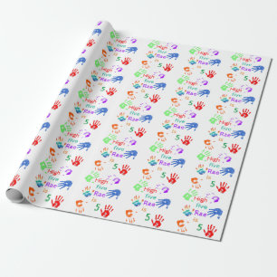Paint Handprints Birthday with Personalised Name   Wrapping Paper