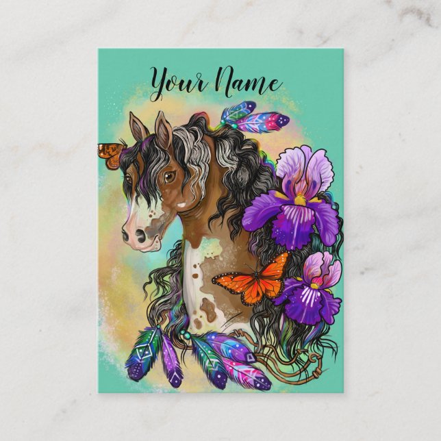 Paint Horse Mustang with Iris and butterflies Business Card (Front)