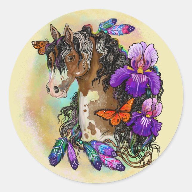 Paint Horse Mustang with Iris and butterflies Classic Round Sticker (Front)