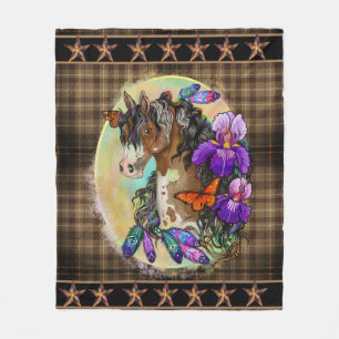 Paint Horse Mustang with Iris and butterflies Fleece Blanket