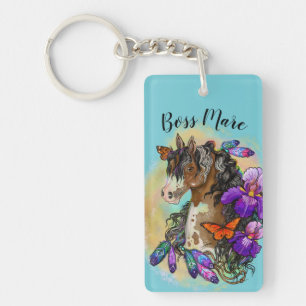 Paint Horse Mustang with Iris and butterflies Key Ring