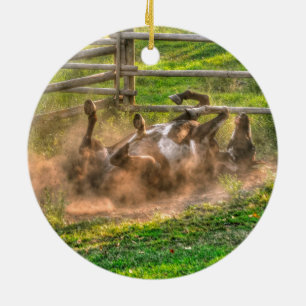 Paint Horse Rolling in Dust Funny Equine Photo Ceramic Tree Decoration