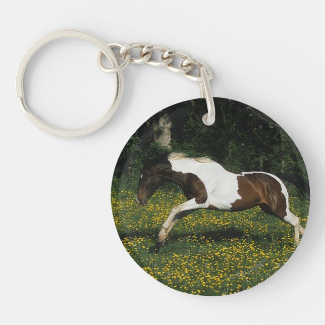 Paint Horse Running in Field of Flowers Key Ring (Front)