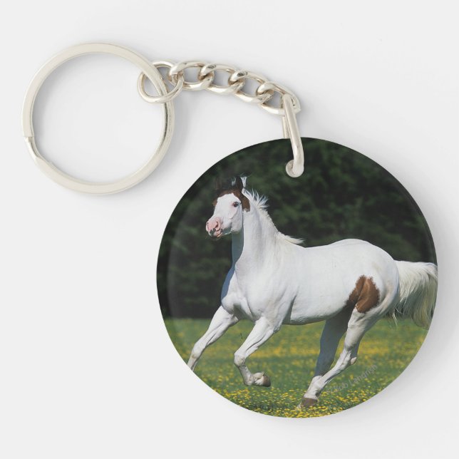 Paint Horse Running in Grassy Field Key Ring (Front)