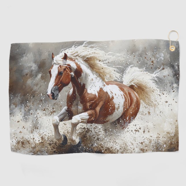 Paint Horse Running Through Water Golf Towel (Horizontal)
