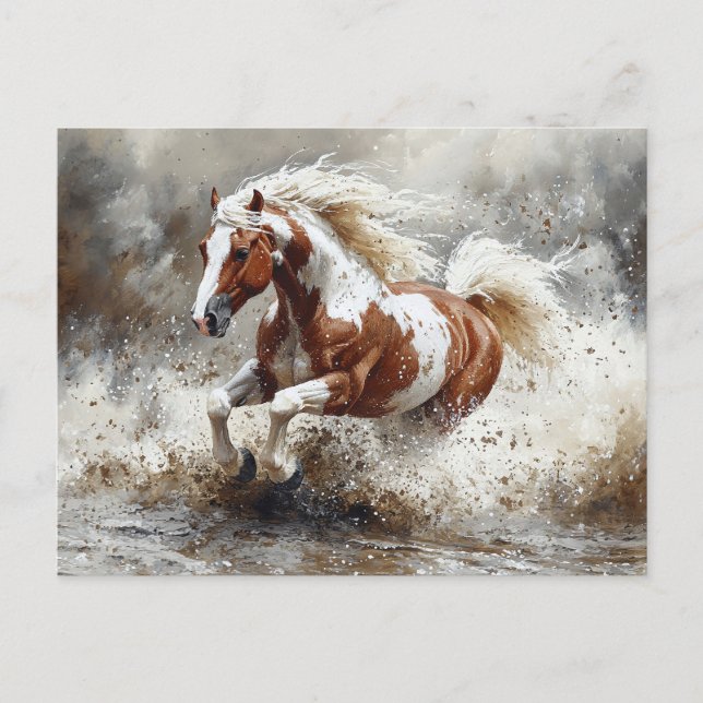 Paint Horse Running Through Water Postcard (Front)