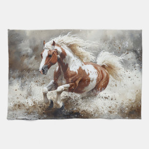 Paint Horse Running Through Water Tea Towel