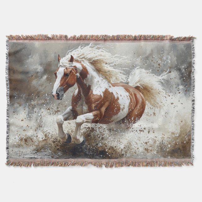 Paint Horse Running Through Water Throw Blanket (Front)