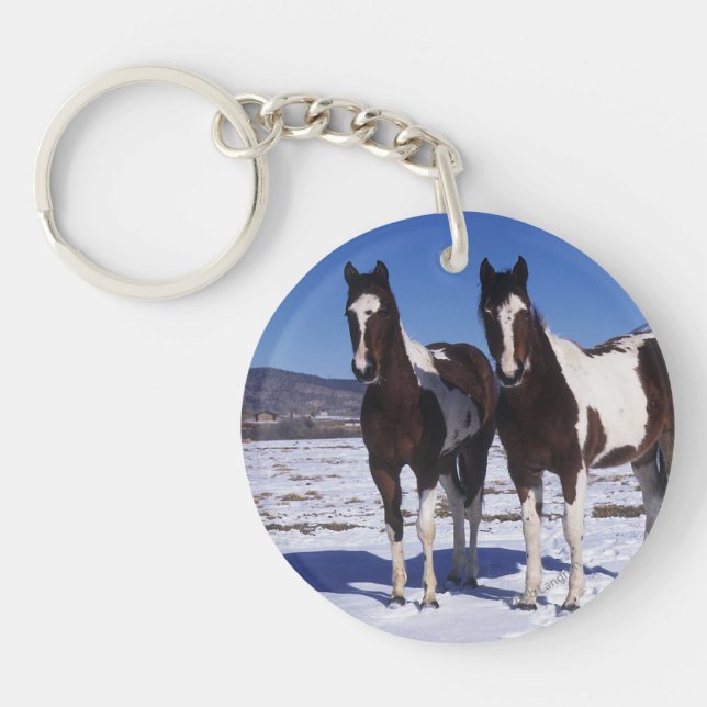 Paint Horses Standing in the Snow Key Ring (Front)