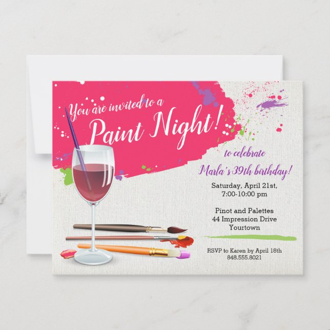 Paint Night, Paint and Sip Wine Glass Canvas Party Invitation (Front)