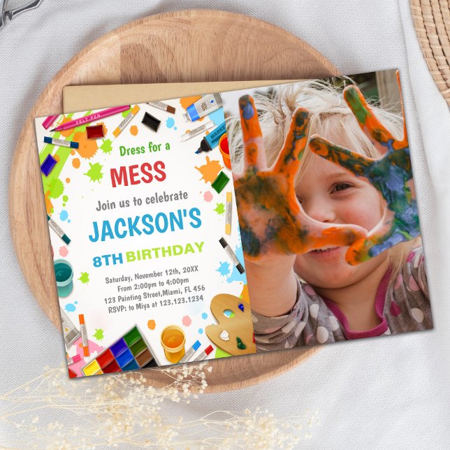 Paint Party Birthday Invitation with Photo (Kids Paint Birthday Invitations with photo)