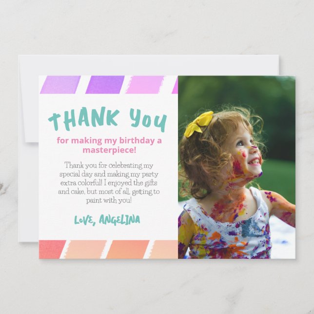 Paint Party Girl Birthday Pastel Rainbow Thank You Card (Front)