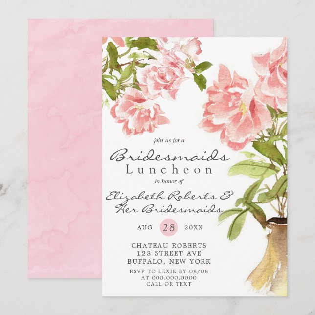 Paint Pink Peony Bridesmaids Luncheon Invites (Front/Back)