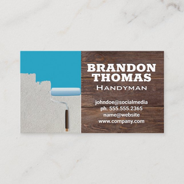 Paint Roller | Painted Wall | Wood Background Business Card (Front)