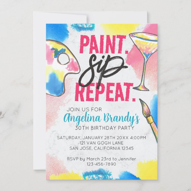 Paint & Sip 30th Birthday Art Party Marble Invitation (Front)