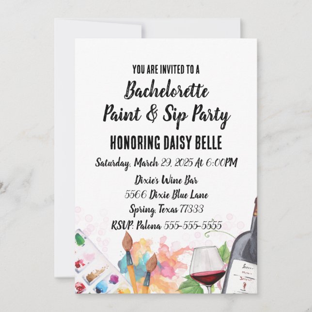 Paint & Sip Bachelorette Party Invitation (Front)