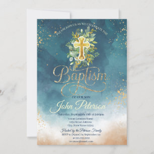  Paint Splash  Floral Cross Baptism Invitation