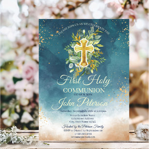  Paint Splash  Floral Cross First Holy Communion  Invitation