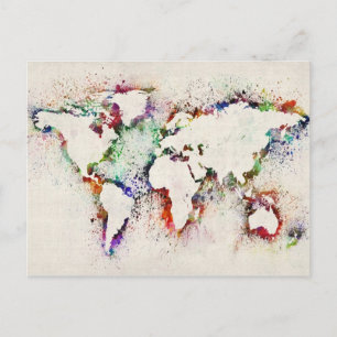 Paint Splashes Text Map of the World Postcard