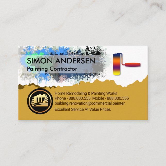 Paint Splatter Colourful Roller Brush Business Card (Front)