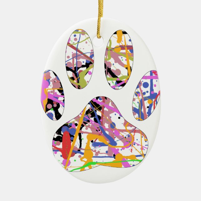 Paint Splatter Dog Paw Print Ceramic Tree Decoration (Front)