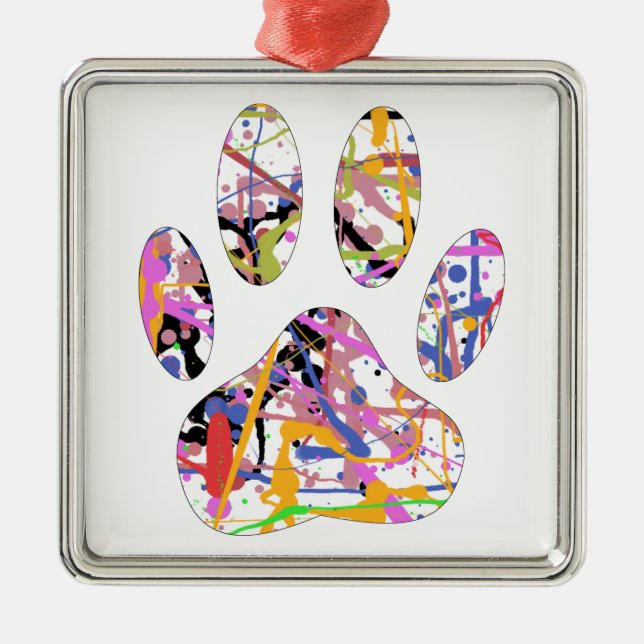 Paint Splatter Dog Paw Print Metal Tree Decoration (Front)