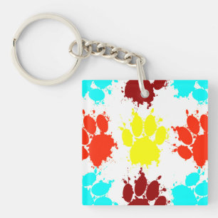 Paint Splatter Dog Paw Print Pattern Key Ring