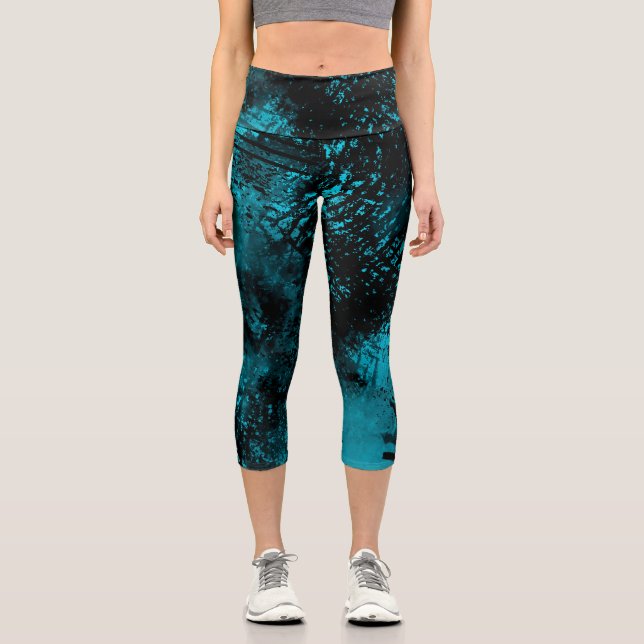Paint Splatter effect Blue & Black Capri Leggings (Front)