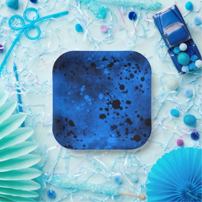 Paint Splatter Effect Blue & Black  Paper Plate (Party)