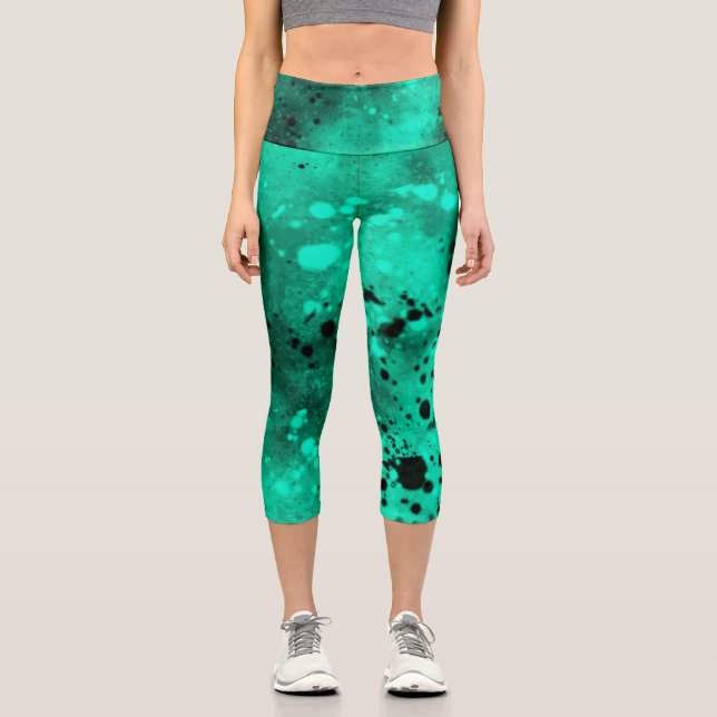 Paint Splatter effect Green & Black  Capri Leggings (Front)