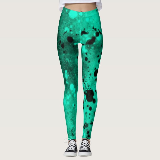 Paint Splatter effect Green & Black  Leggings (Front)