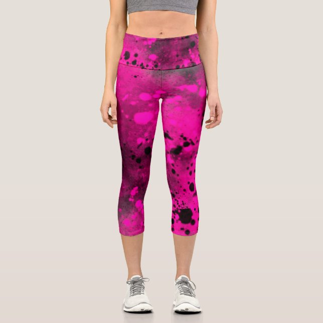 Paint Splatter effect Pink & Black Capri Leggings (Front)