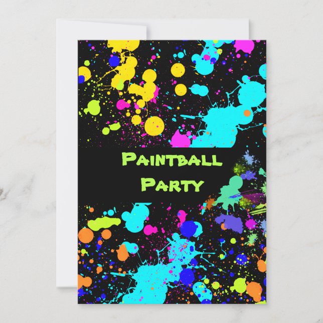 Paint Splatter, Faux Neon, Paint Ball Invitation (Front)