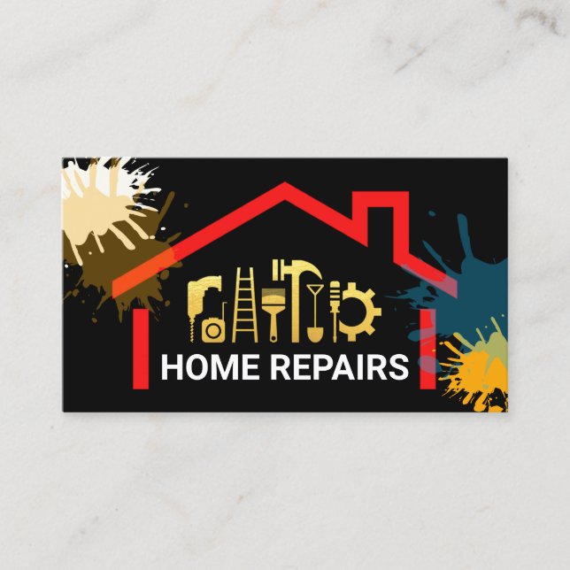 Paint Splatter Gold Handyman Tools Building Business Card (Front)