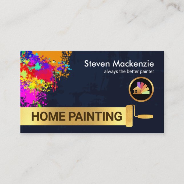 Paint Splatter Gold Roller Brush Painting Business Card (Front)