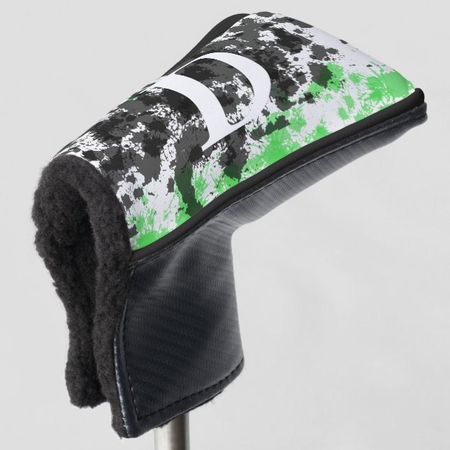 Paint Splatter Green Black White Monogram Golf Head Cover (3/4 Front)