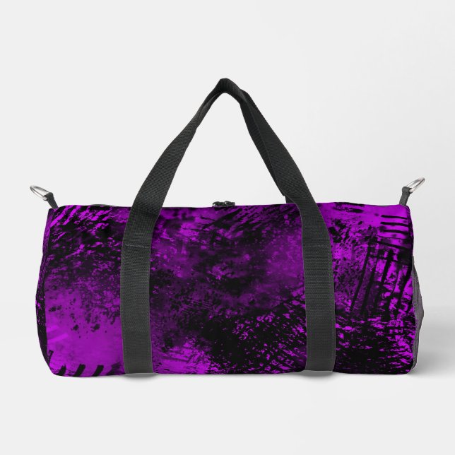 Paint Splatter Hatching Effect Purple & Black  Duffle Bag (Front)