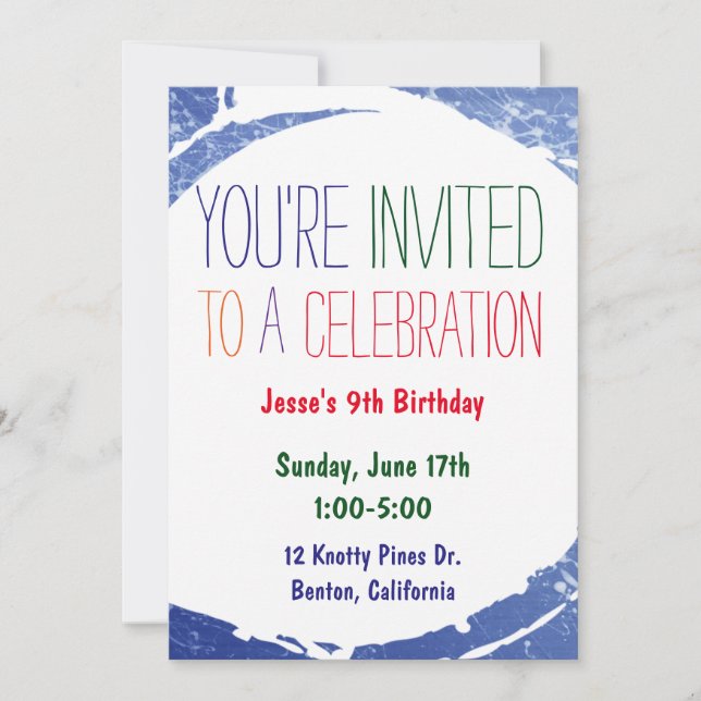 Paint Splatter Invite | Kids Blue Pool Party (Front)