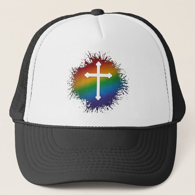 Paint Splatter LGBTQ Pride Rainbow Christian Cross Trucker Hat (Front)