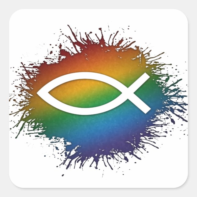 Paint Splatter LGBTQ Pride Rainbow Christian Fish  Square Sticker (Front)