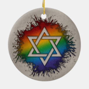Paint Splatter LGBTQ Rainbow Star of David Ceramic Tree Decoration