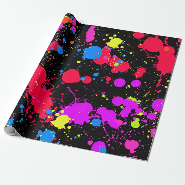 Paint Splatter Neon, Glow in the Dark, Wrapping Paper Zazzle.co.uk