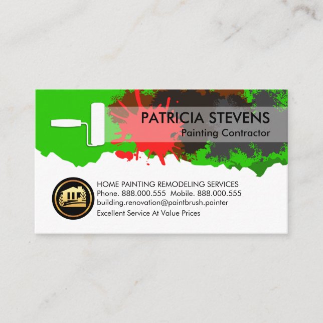 Paint Splatter Peeling Wall Roller Brush Business Card (Front)