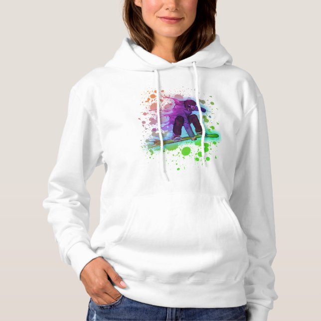 Paint splatter rainbow snowboarder womens hoodie (Front)