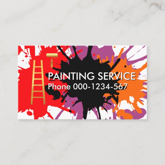 Paint Splatter Roller Brush Ladder Painting Business Card (Front)