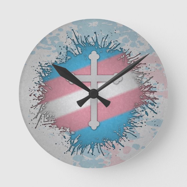 Paint Splatter Transgender Pride Christian Cross Round Clock (Front)